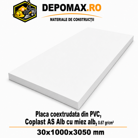 Placa coextrudata PVC Coplast AS Alb cu miez alb 0.67 g/cm3, 30x1000x3050 mm